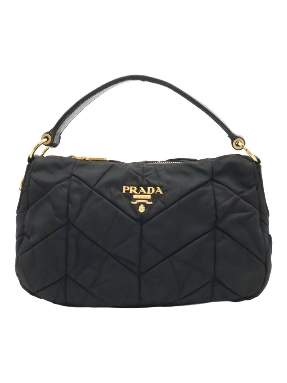 Prada Logo Quilted Crinkle Handbag Bag Nylon Nero Black Gold